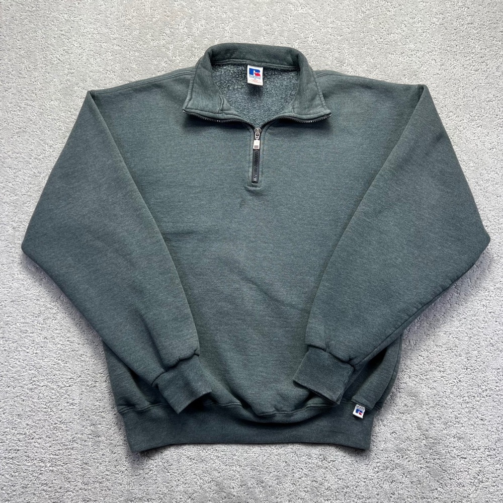 VINTAGE 90s Russell Athletic Sweatshirt XL Grey Faded Blank 1/4 Zip Pullover